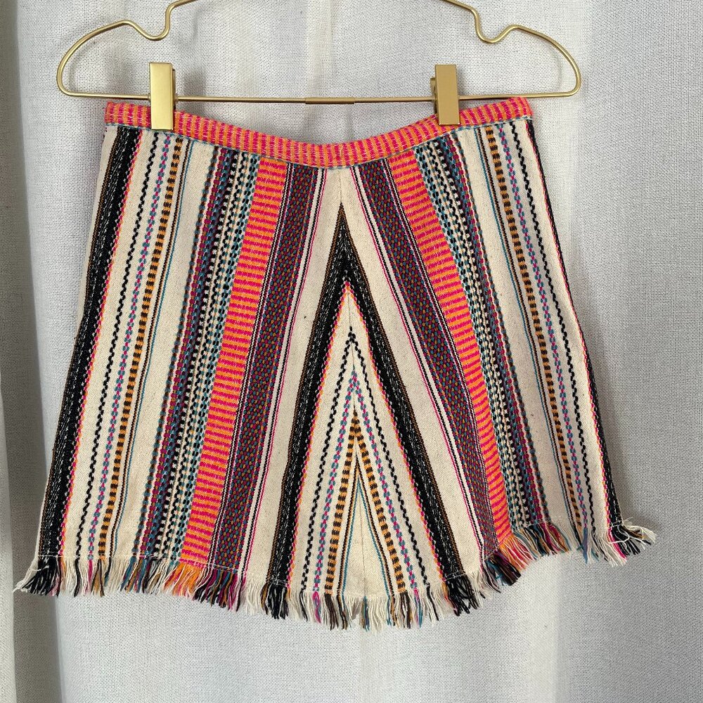 Boho Woven Fringe Mini Skirt Festival Stripe Pattern